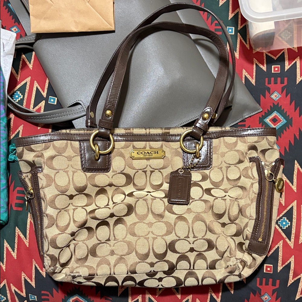 Coach Tan and Brown Signature Shoulder Bag